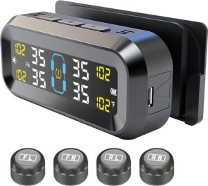 Tire Pressure Monitoring System with Solar & USB Charger-TPMS with 4 External Sensors & 6 Alarm Modes, LCD Display Screen, Real-Time Pressure & Temperature Monitor for Sedan/SUV/MPV/RV/Trailer 0-99PSI